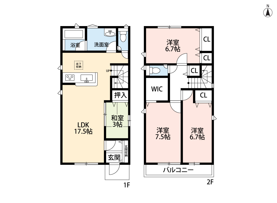 小牧市小牧1丁目　新築戸建　3号棟の間取り|リビング隣に和室３帖あり。
ウォークインクロゼットあり