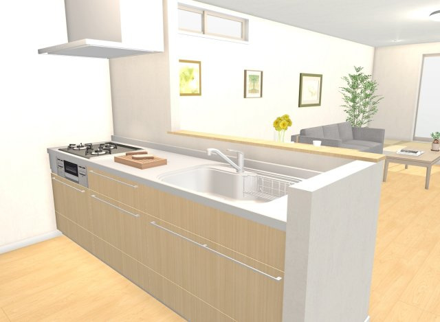 大枝西新林町1丁目　区割②　2号地　新築参考プラン　建築条件付土地の完成予想図|【施工例：キッチン】お子様を見守りながらお料理ができる対面式キッチン♪家事をしながらでもご家族とコミュニケーションがとれやすくママもお子様もとっても嬉しいですね！