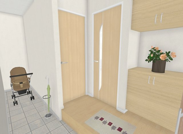 大枝西新林町1丁目　区割②　2号地　新築参考プラン　建築条件付土地の完成予想図|【施工例：玄関】奥行のあるシューズクローゼットはベビーカー等をそのまま収納することができます！