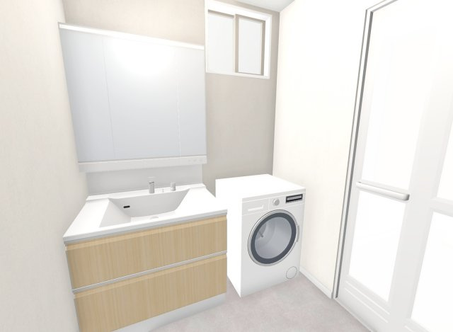 大枝西新林町1丁目　区割②　2号地　新築参考プラン　建築条件付土地の完成予想図|【施工例：洗面化粧台】シャワー付きの洗面化粧台はお掃除などお手入れがしやすく、朝の準備もはかどります♪ミラーキャビネットで生活感がでづらいのも嬉しい！