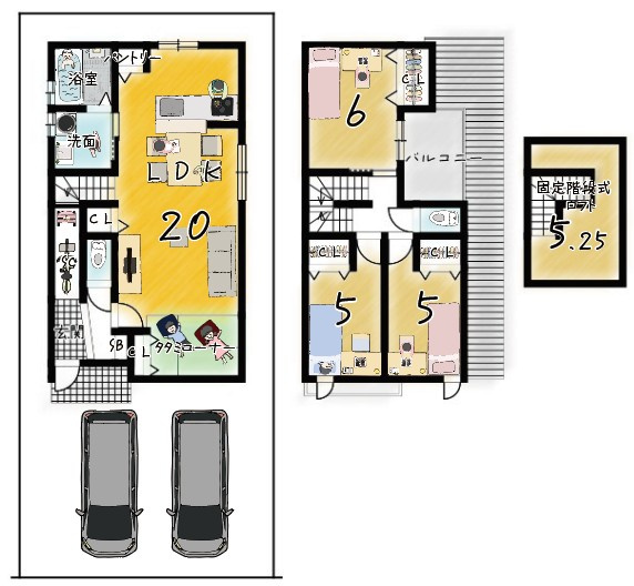 大枝西新林町1丁目　区割②　2号地　新築参考プラン　建築条件付土地の土地図＋建物プラン例