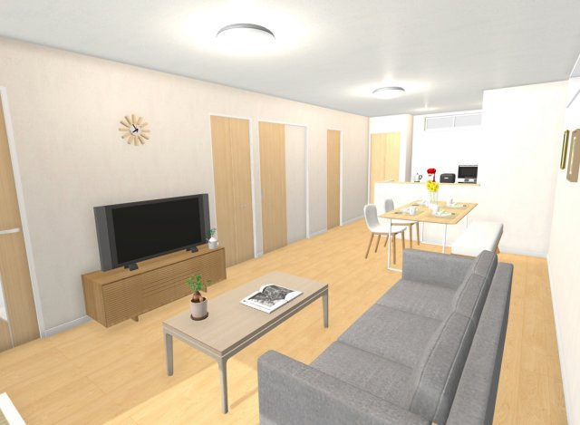 大枝西新林町1丁目　区割②　2号地　新築参考プラン　建築条件付土地の完成予想図|【施工例：リビング】20帖のゆったりリビングで家族団らんのひと時を♪