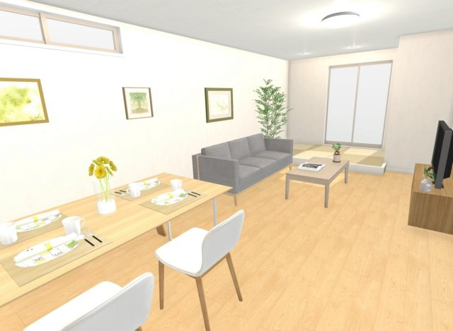 大枝西新林町1丁目　区割②　2号地　新築参考プラン　建築条件付土地の完成予想図|【施工例：リビング】20帖のゆったりリビングで家族団らんのひと時を♪