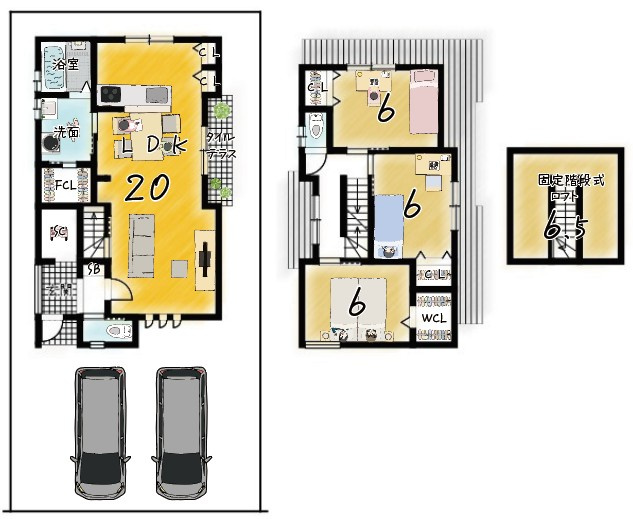 大枝西新林町1丁目　区割②　1号地　新築参考プラン　建築条件付土地の土地図＋建物プラン例