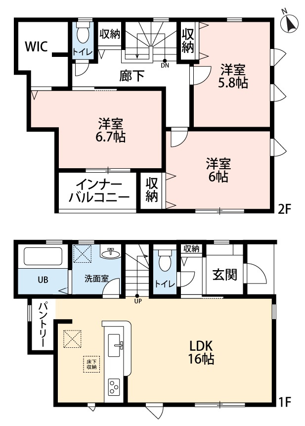 小牧市大字小牧原新田　新築戸建の間取り|南面の明るいLDK。キッチンにパントリーあり。ウォークインクローゼットあり。