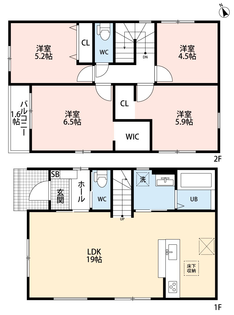 小牧市藤島２丁目　新築戸建　１号棟の間取り|広々LDK19帖。