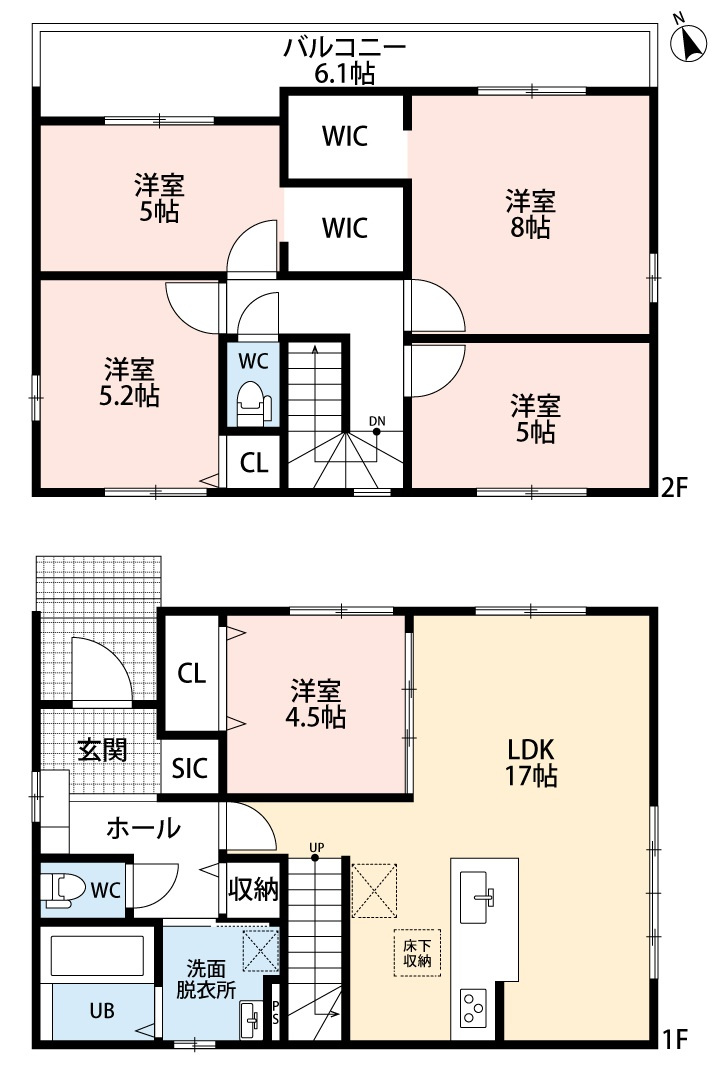 小牧市東１丁目　新築戸建　１号棟の間取り|広々５LDK。シューズインクローク・ウォークインクローゼット2ヶ所あり。