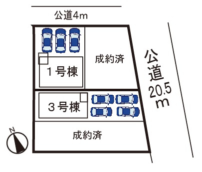 小牧市東１丁目　新築戸建　１号棟の区画図|駐車場並列３台可