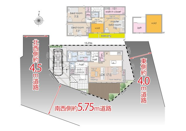 新築分譲［ミラクラス境］の間取り|間取り:３LDK
土地面積:１１１．０７m2　建物面積:９０．４５m2