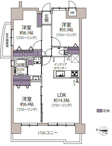 【間取り】 | アーサー宗像リベックス | 角部屋で2面バルコニー付きなので室内は明るく、風通しも良好です