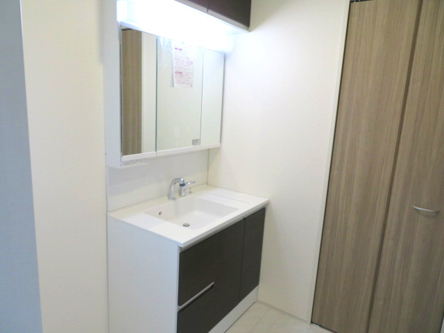 高崎市吉井町長根（全１棟）1号棟の独立洗面台|三面鏡の裏に収納があり便利です。継ぎ目や隙間が無く汚れてもささっと拭くだけのお掃除に配慮したカウンターです(^▽^)/