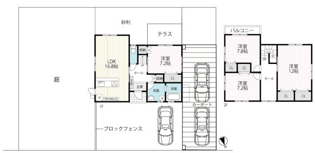 ◆全居室７帖以上◆駐車３台可能◆前道広々６ｍ◆南丹市日吉町胡麻行ヶ谷の間取り