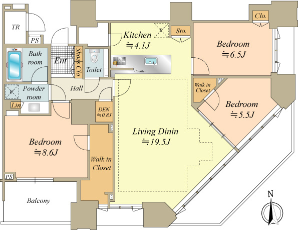 31階部分南東角住戸。
全てのお部屋に採光を確保したお部屋。