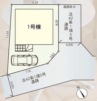 【区画図】 | 座間市四ツ谷  1号棟 第8 | 角地　南東側・南西側約4m位置指定（私道・詳細は契約前に要確認）　駐車1台（車種によります）