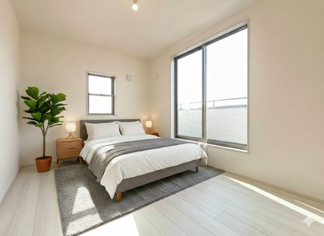 三郷市　幸房　新築戸建　　全1棟　の洋室|大きな窓は陽当りにに加えて通気性能を上げてくれます　※家具をCGで加工しており、家具付き販売ではございません。