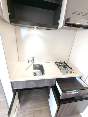 BRANSIESTA上野の設備|ガス2口システムキッチン、シンクにプレート付で料理しやすいです、豊富なシステム収納
