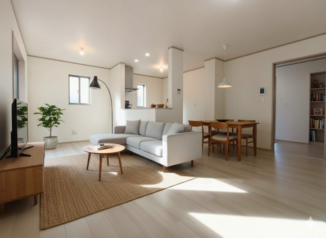 吉川市　新栄2丁目　新築戸建　全2棟の居間・リビング|こちらの居間で趣味の時間をお楽しみください　※家具をCGで加工しており、家具付き販売ではございません。