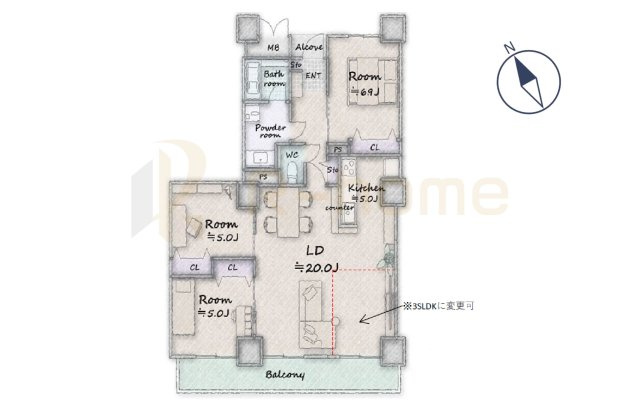 土浦市　ソリッドタワー　中古マンションの間取り|2LDK＋S＋全居室収納、専有面積88.10m2