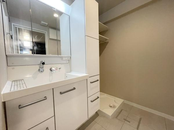 エンゼルハイム大森南の独立洗面台|十分な大きさの洗面台は収納力大。身だしなみチェックや歯磨きなど、朝の慌ただしい時間でも余裕とゆとりを感じられます
