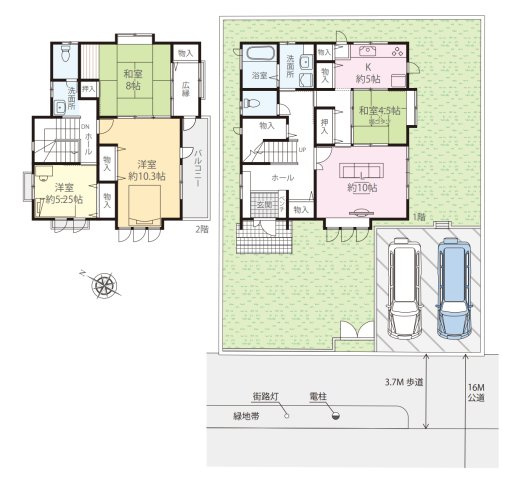 【間取り】 | □■平塚市中里 中古戸建■□ | 【4LDK】1F：LD10帖・K5帖・和室4.5帖　2F：和室8帖・洋室10.3帖、5.25帖