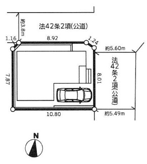 【区画図】 | 寒川町一之宮3丁目  1号棟 6期 | 北東角地　東側約5.4ｍ・北側約3.8ｍ各公道　駐車1台（車種によります）　※セットバック持分あり