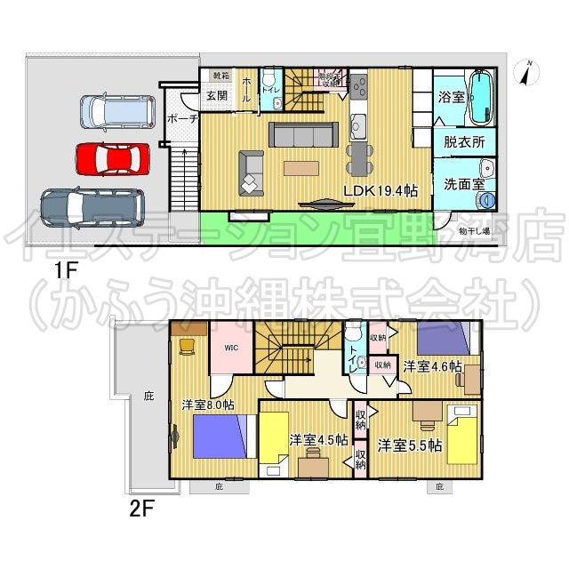 クローバーエース北谷桑江Ⅳ　1号棟の外観|駐車場3台、LDK19帖以上で使いやすい仕様。