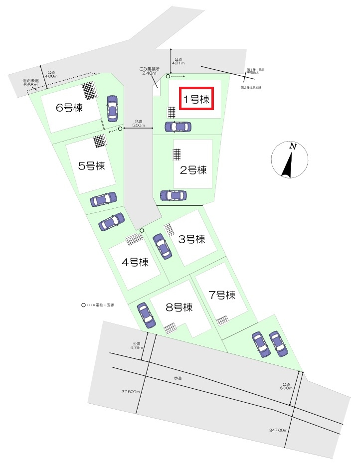 入間市小谷田1丁目・全8棟　新築一戸建　1号棟　～北西角地～の区画図|【全8号棟・1号棟】北西角地につき通風良好！