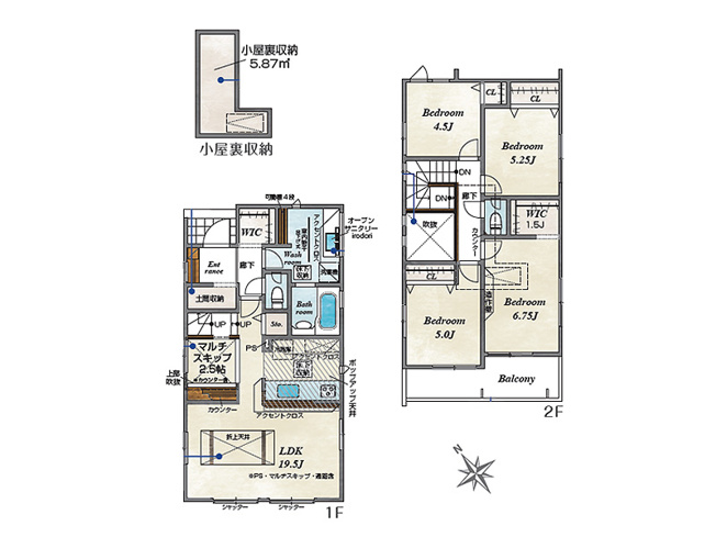 【間取り】 | 志木市上宗岡1丁目　新築一戸建住宅　全3棟　(志木本店) | LDKは19.5帖のゆとりある広さで、家族みんなが自然と集まる心地よい空間です。小上がりスペースは、お子さまの遊び場やくつろぎの場として多用途に活用可能。