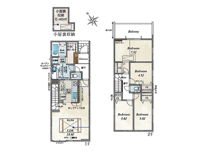 【間取り】 | 志木市上宗岡1丁目　新築一戸建住宅　全3棟　(志木本店) | LDKは18.0帖のゆとりある広さで、家族みんなが自然と集まる心地よい空間です。