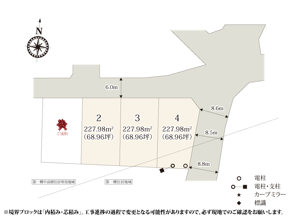 【区画図】 | 全区画68坪の、お庭でBBQなど楽しめる広さのある敷地です。住宅が多いエリアなので、落ち着いた環境で過ごせそうですね。