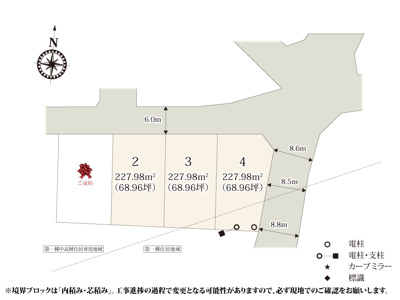 【区画図】 | 全区画68坪の、お庭でBBQなど楽しめる広さのある敷地です。住宅が多いエリアなので、落ち着いた環境で過ごせそうですね。