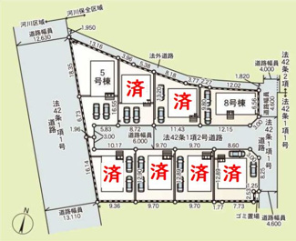 【区画図】 | 茅ヶ崎市柳島2丁目  8号棟 第11 | 8号棟　南側約6ｍ・東側約4.6ｍ各公道　駐車2台（車種によります）　※北側法外道路への行き来不可