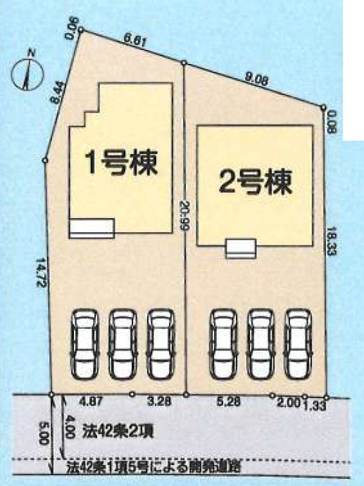 あきる野市渕上全２棟　新築分譲の区画図|カースペース並列３台分ある全２棟の新築です。