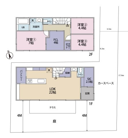 茅ヶ崎市浜竹4丁目　売地の区画図|22帖のLDKと南向きの庭テラスが生み出す開放感。暮らしに合わせてボリュームのあるプランにも対応できる柔軟なお土地です。