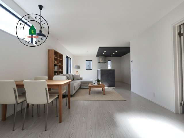 福津市津屋崎8丁目第1-3棟(3号棟）の内観：施工例|明るく開放的なリビングダイニングは豊かな陽光が注ぎ込み、やすらぎの空間を演出してくれます。ご家族で楽しいひとときをお過ごし下さい。※家具はCGを合成したものです。