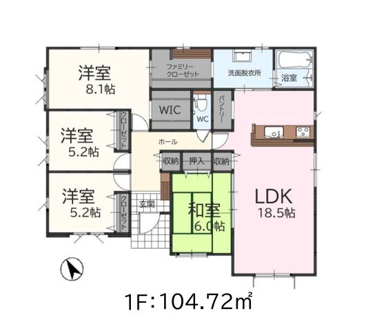 福津市津屋崎1丁目第4-2棟（2号棟）の間取り|全居室収納付きで便利です。