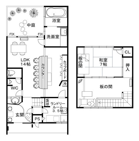 京都市上京区真盛町の一戸建ての間取り