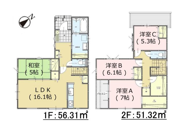 糸島市加布里4丁目第4-1棟(1号棟)の間取り|全居室収納付きで便利です。