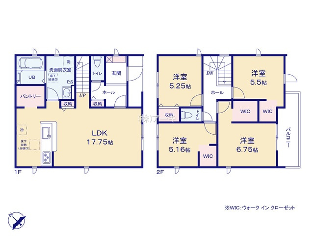 碧南市霞浦町4-35『仲介手数料無料』新築戸建ての間取り|　2号棟　1F:LDK17.75帖！リビングイン階段♪パントリー♪ゆとりの洗面室♪ホール収納♪2F:洋室6.75帖・洋室5.5帖・洋室5.16帖　WIC設置！洋室5.25帖　CL設置♪バルコニー♪