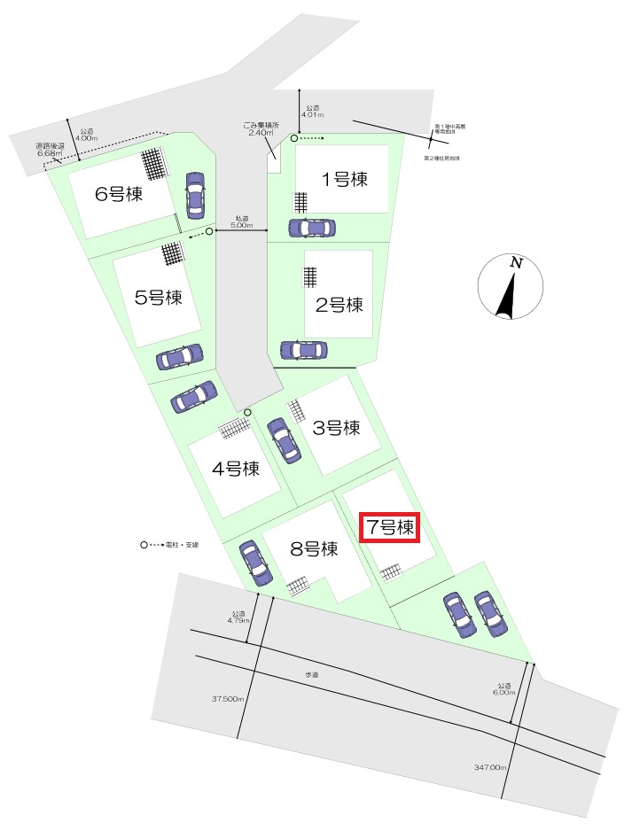 入間市小谷田1丁目・全8棟　新築一戸建　7号棟の区画図|【全8号棟・7号棟】カースペース並列2台分(車種による)