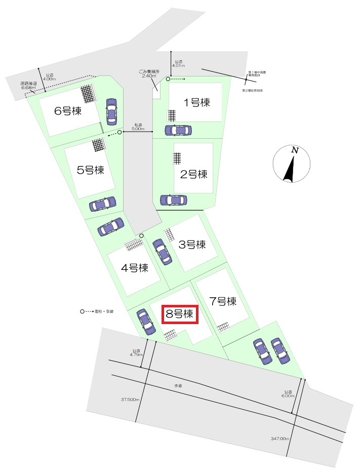 入間市小谷田1丁目・全8棟　新築一戸建　8号棟の区画図|【全8号棟・8号棟】カースペース1台分(車種による)