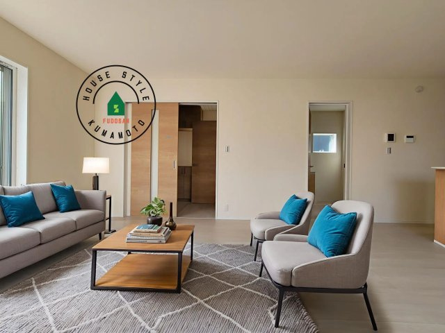 熊本市北区麻生田5丁目第7-2棟（2号棟）の居間・リビング|キッチンからリビングをしっかり確認できます。家族の笑顔があふれる空間になりそうですね。※家具はCGを合成したものです。