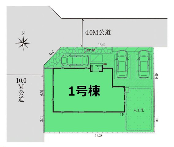 【区画図】 | グラファーレ前橋市南町4期ー① | 敷地60坪超の北西角地！カースペースは3台駐車可能！
嬉しい都市ガス×本下水エリア！
