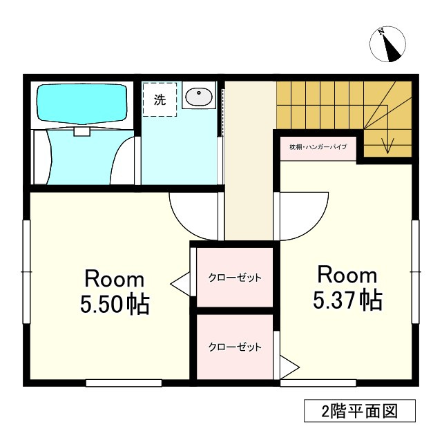 【新築戸建建売】八戸市長根4丁目の間取り|２F：洋室5.50帖、洋室5.37帖、浴室、洗面室