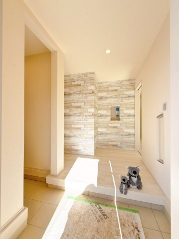 【玄関】 | 吉岡町漆原　新築住宅　 | 家の第一印象を決める玄関は、明るく清潔感のある空間に仕上がっています。来客を気持ちよく迎え入れられる、心地よい玄関です。