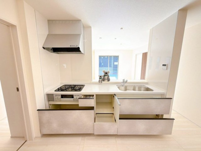 【キッチン】 | 吉岡町漆原　新築住宅　 | 忙しい毎日にうれしい、広々としたシステムキッチン。
収納たっぷりで調理器具も調味料もまとめて収納できます。