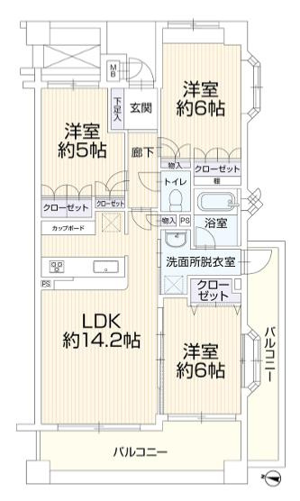 サンクレイドル八王子北野台の間取り|～西向き3LDK　南西角住戸につき陽当たり良好、収納豊富な間取りです～