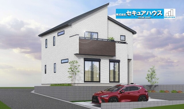 東海市加木屋町三ツ池 全2棟 の外観|■外観パース（1号棟）
敷地面積約46坪、建物面積約30坪。
駐車並列2台可能！オプション工事でカーポート設置などいかがでしょうか。その他にも、フェンスなどの「オプション工事」もご提案いたします♪