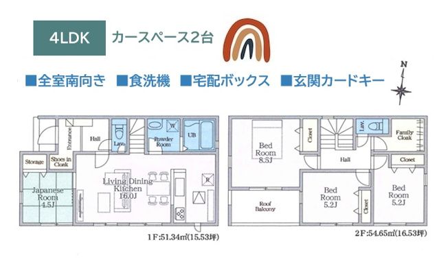 【間取り】 | 全室南向き！ファミリークローク＆シューズインクローク付◎　　
家族で共有でき、みんなの荷物が一カ所で管理できますよ♪