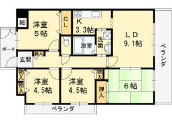 東大阪市下六万寺町１丁目の賃貸マンションの間取り
